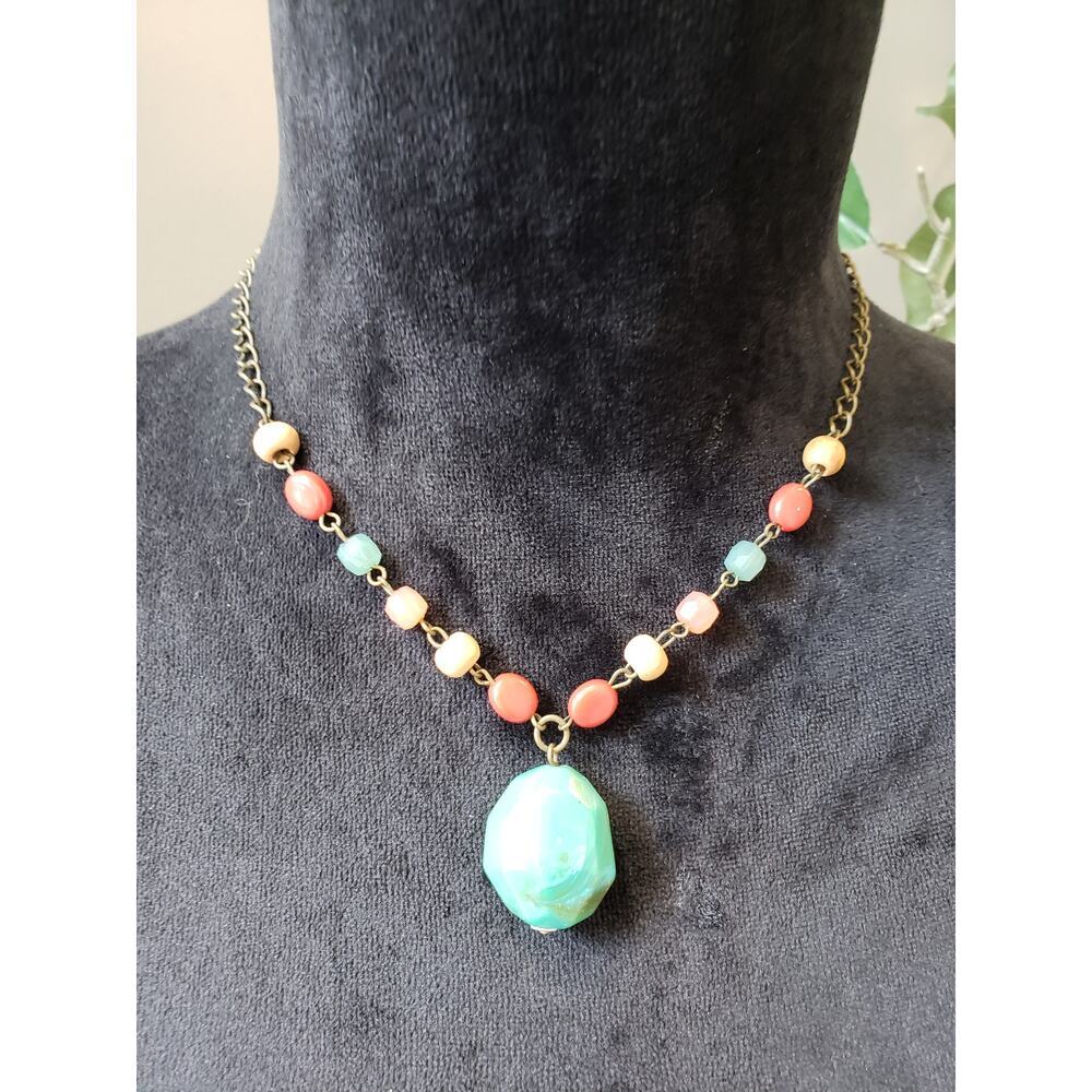 Women's Colorful Beaded‎ Necklace Lobster Clasp Green Pendant Boho Style